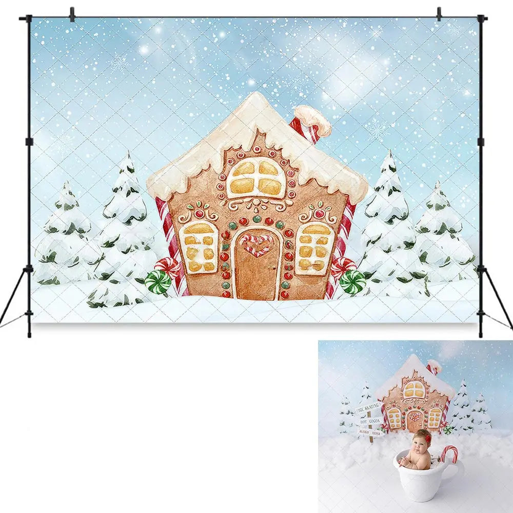 Winter Gingerbread Backdrop Snowy House Child Adult Birthday Photo Shoot Backgrounds Baby Kids Cake Smash Photography Background