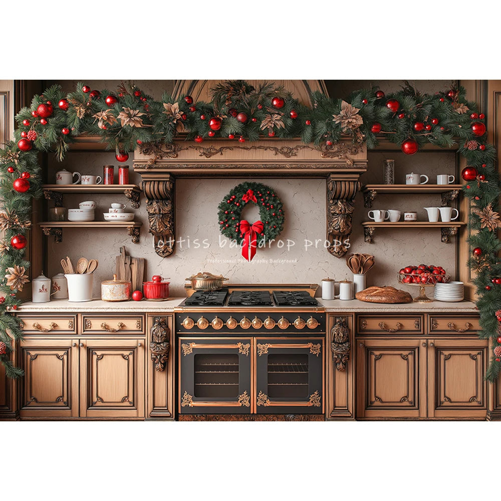 Christmas Kitchen Backdrops Kids Family Photography Child Baby Photocall Decors Winter Xmas Wreath Trees Backgrounds