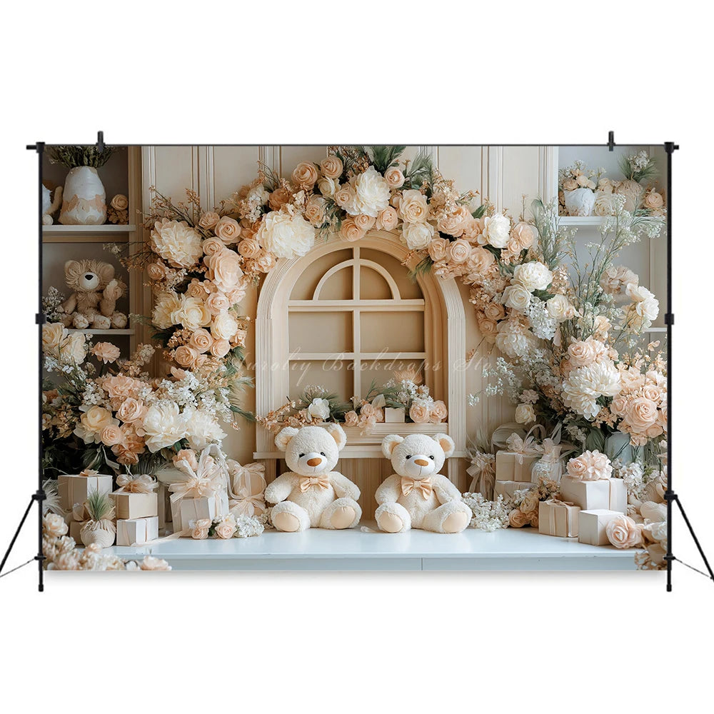 Christmas Floral Garland With the Window Backdrop Baby Kids Portrait Family Party Photocall Photograhy Background