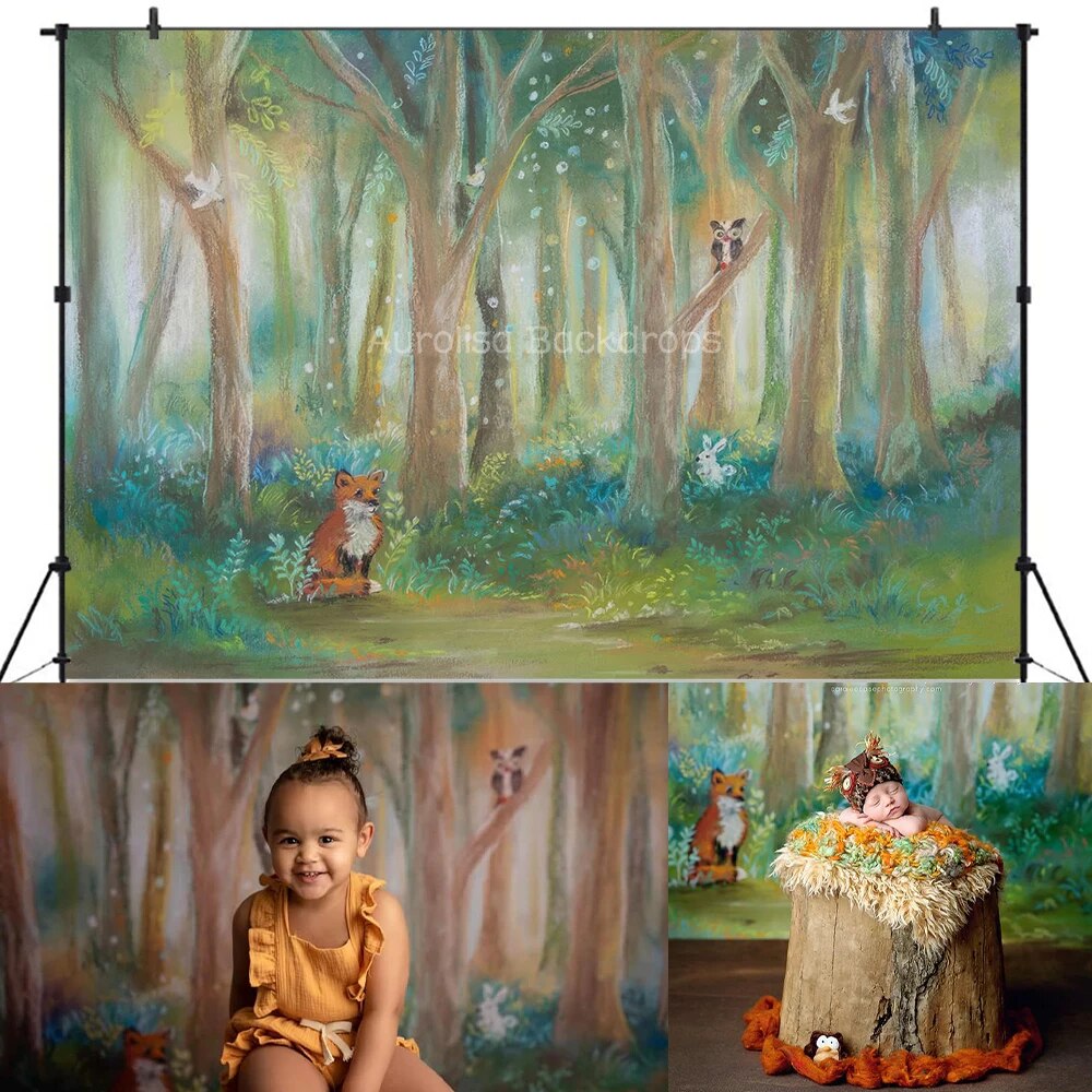 Woodland Gathering Backdrops Kids Baby Cake Smash Birthday Props Child Adult Forest Animals Photography Background