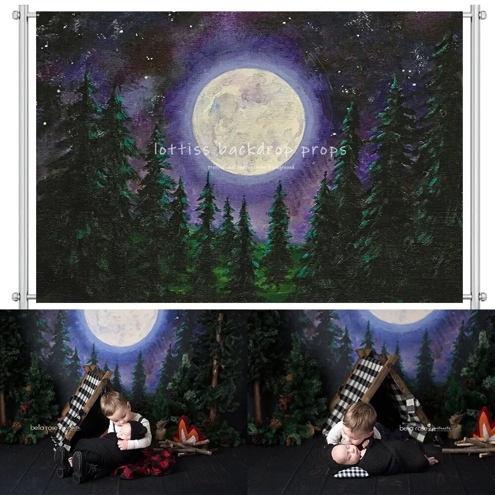 Arrière-plan de forêt grande lune pour enfants, arrière-plan de photographie de gâteau Smash, arbre d'anniversaire, nuit, accessoires de fête pour enfants, studio photo 