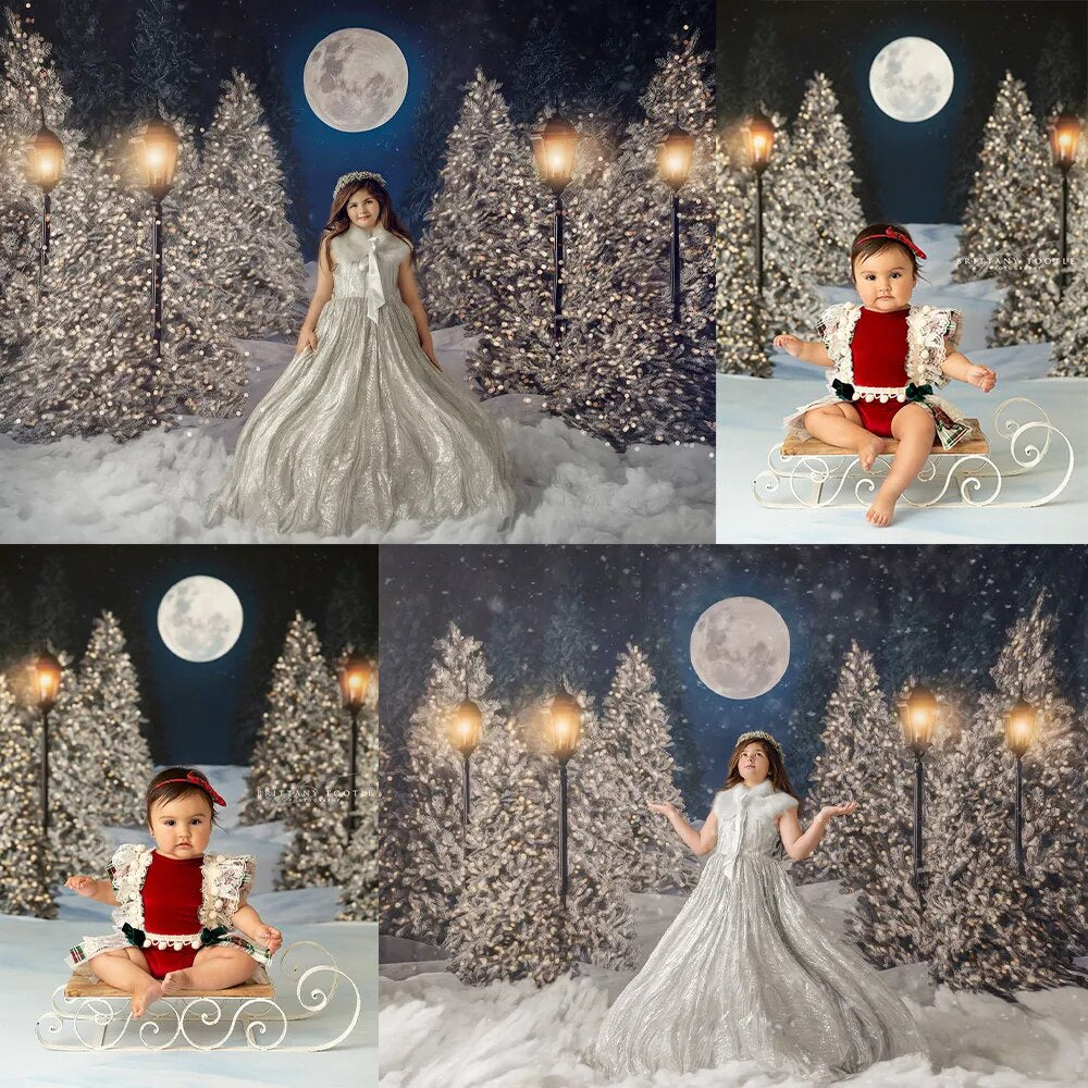 Forêt enneigée décors de noël enfants adultes photographie décors enfant bébé grande lune noël flocon de neige arbres fond 