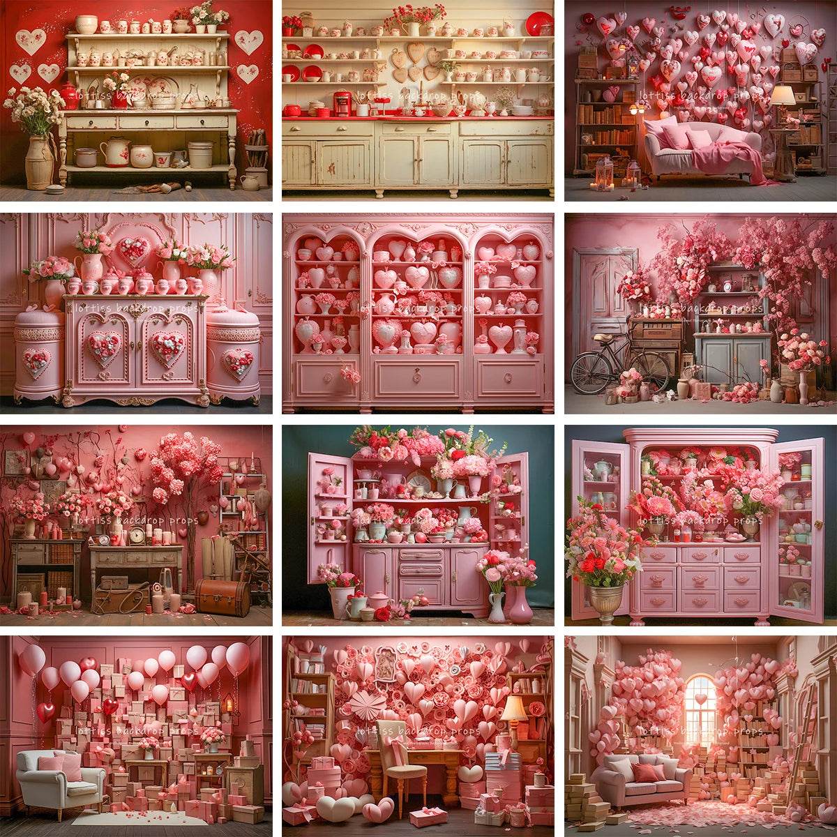 Valentine's Day Pink Cupboards Backdrops Kids Girl Photography Props Child Baby Photocall Decors Red Heart Balloons Backgrounds