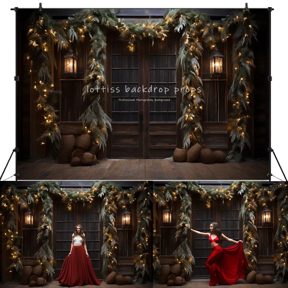 Christmas House Front Door Backdrops Kids Adult Photography Props Child Baby Photocall Decors Wooden Door Snowy Xmas Background