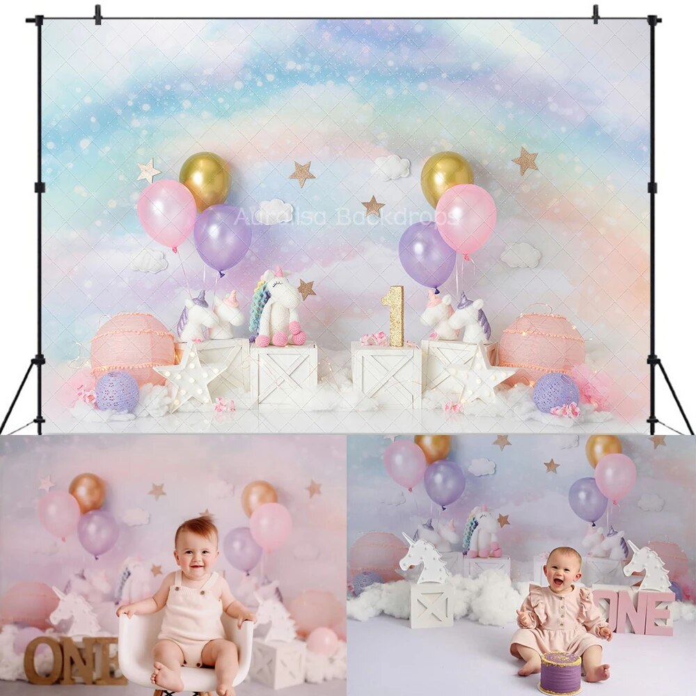 Unicorn Castle Cake Smash Backdrops Kids Baby Cake Smash Birthday Props Child Girl Photocall Decors Background