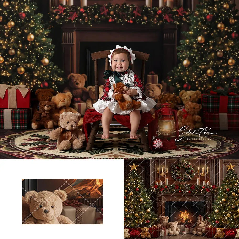 Christmas Little Bear and Fireplace Backdrop Baby Kids Portrait Family Party Photocall Photograhy Studio Background