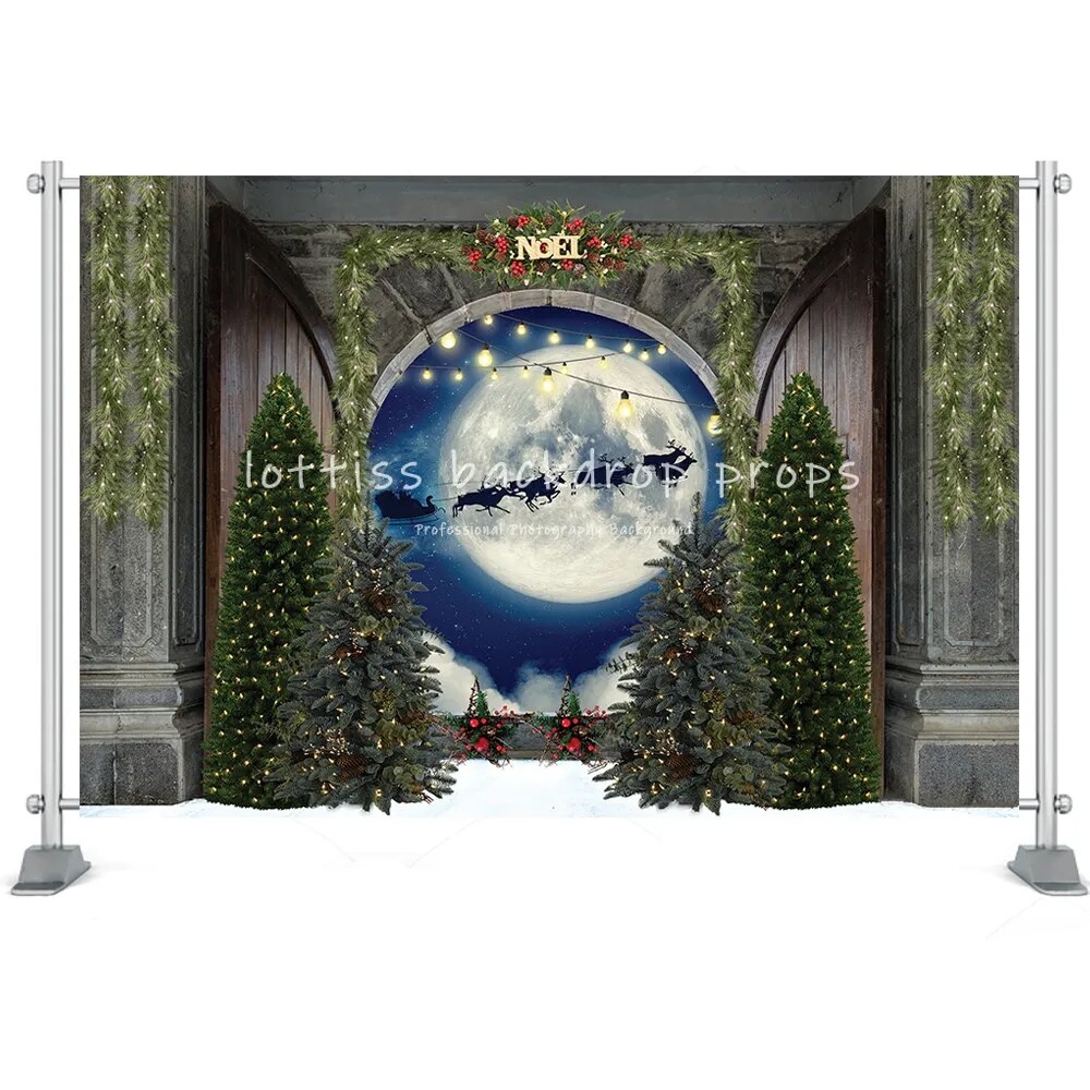 Toile de fond de noël, père noël volant vers la lune, fenêtre, arbre de neige, rue, ciel nocturne, renne, arrière-plan de neige, stand photo 