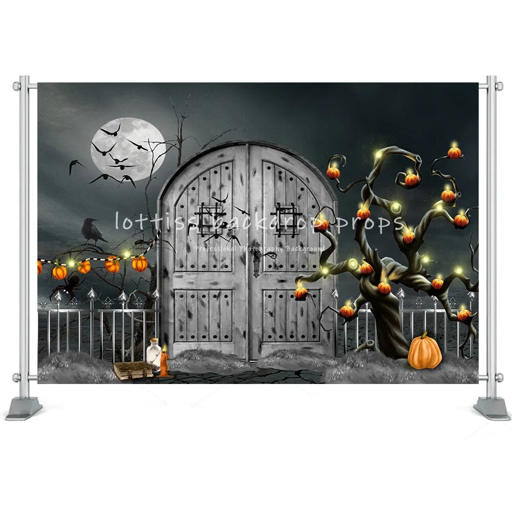 Arrière-plan de maison d'halloween, château, forêt, lune, pierre tombale, décor de Festival, lanterne de citrouille, accessoires de Studio Photo