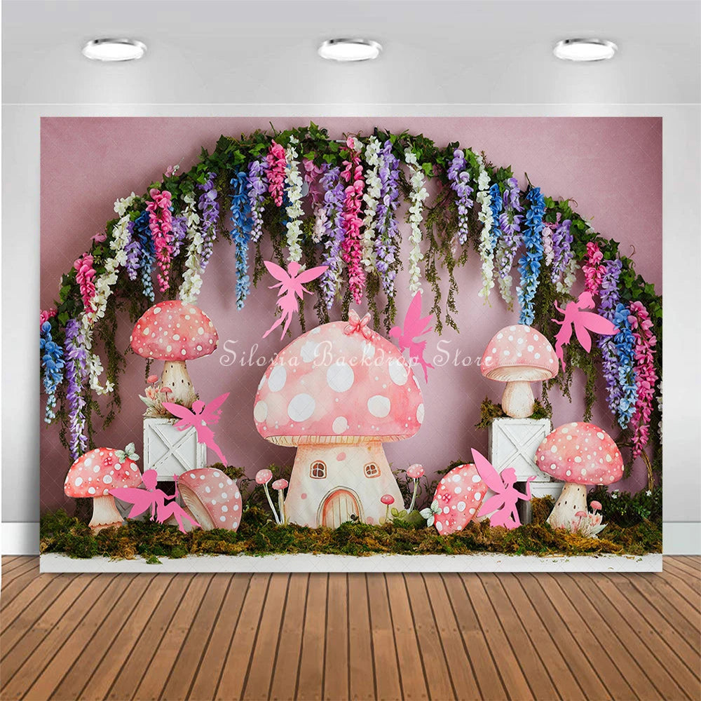 Fairy Archway Photo Background Princess Birthday Cake Smash Photography Backdrop Cute Pink Mushroom House Photo Studio Props