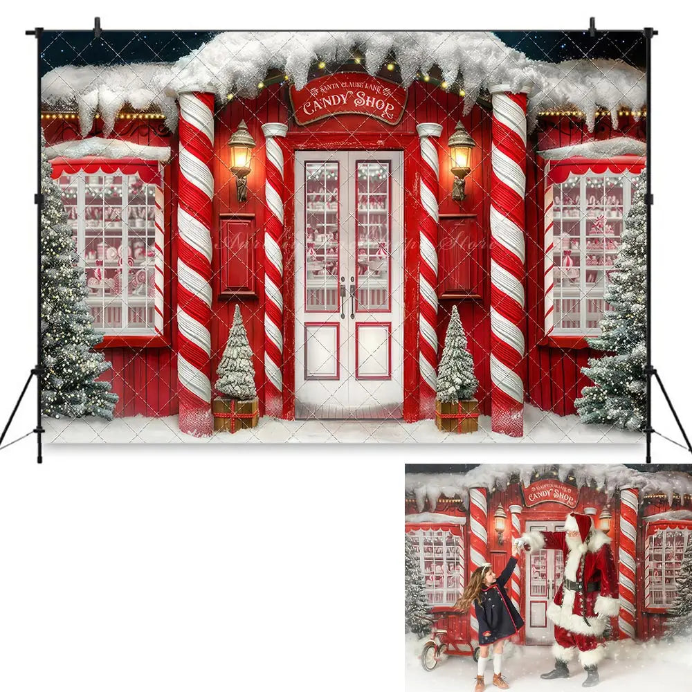 Christmas Winter Backdrop Candy Toy Shop Kids Baby Cake Smash Photography Props Snowy Street Child Adult Studio Backgrounds