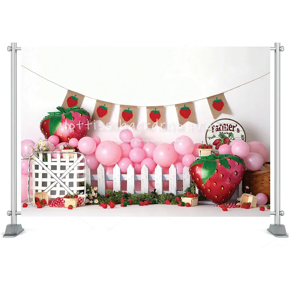 Arrière-plan de photographie de fruits aux fraises, accessoires de gâteau pour enfants, marché Floral, arrière-plan de fête d'anniversaire pour nouveau-né et bébé 