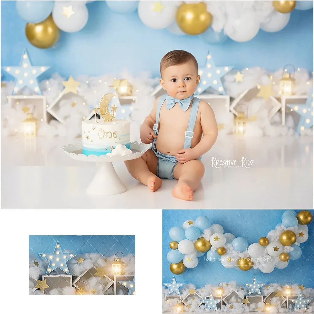 Place in the Clouds Backdrops Kids Baby Birthday Cake Smash Props Child Adult Photocall Decors Balloons Theme Background