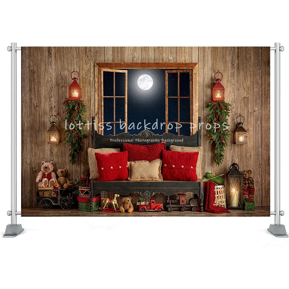 Christmas Room Backdrop Photography Fireplace Windows Toys Wreath Winter Family Party Kids Birthday Background Photo Studio