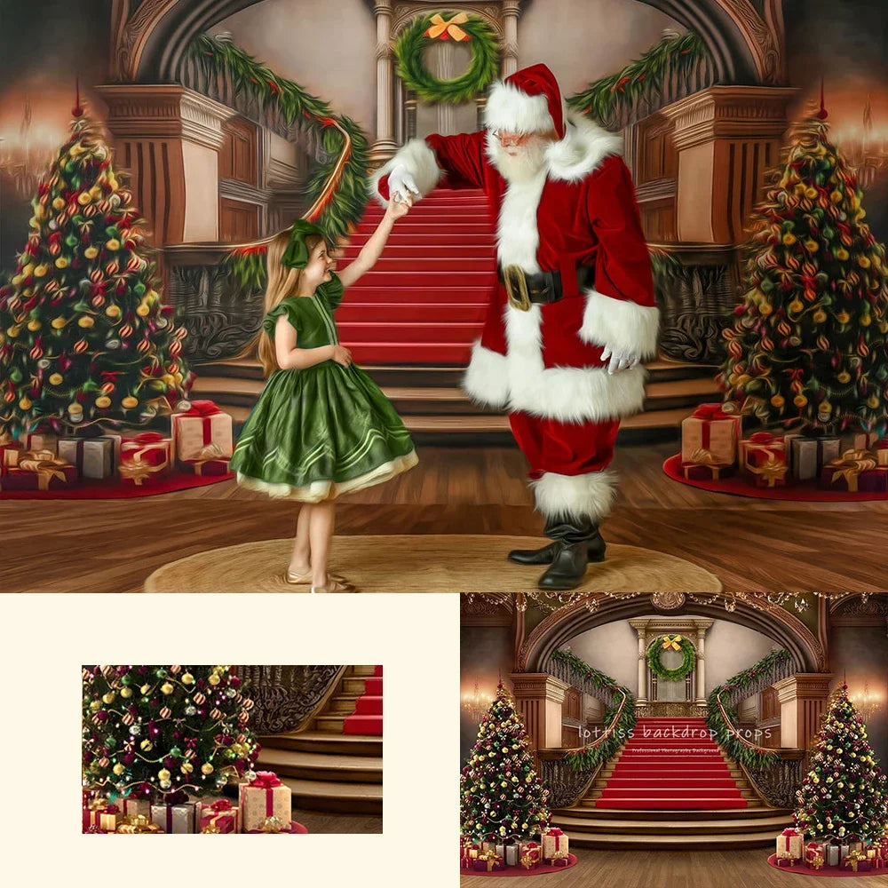 Grand Holiday Staircase Backdrop Christmas Photogrpahy Props Kisd Baby Photocall Props Child Adult Winter Castle Backgorund