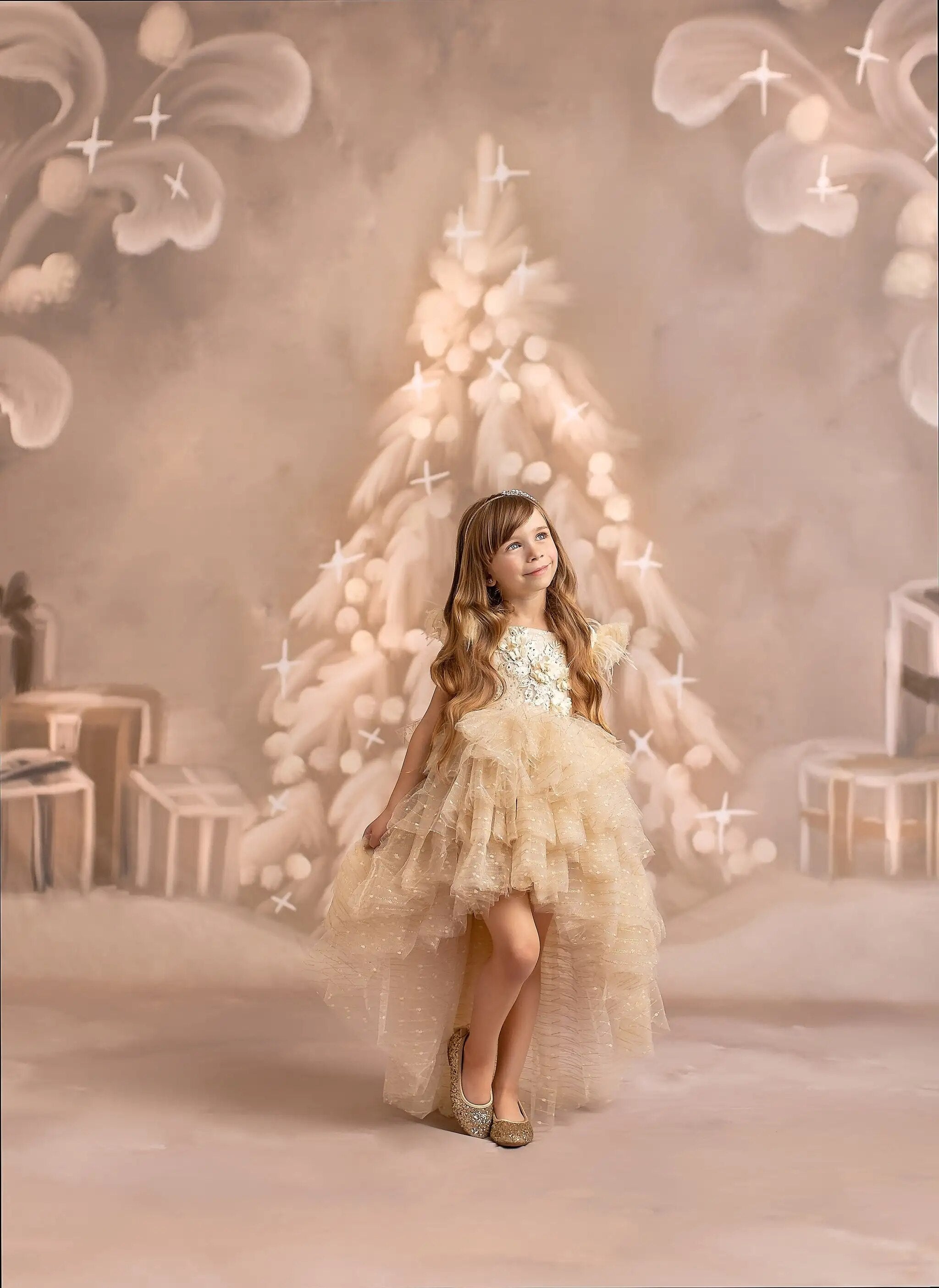 Hiver enneigé miroitant arbres de noël décors enfants bébé Photocall Portrait photographie noël flocon de neige forêt fond 