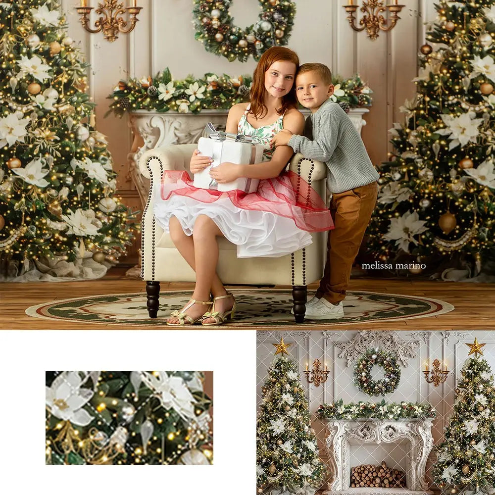 Elegant White Christmas Fireplace Backdrop Kids Baby Cake Smash Photography Props Child Adult Birthday Photo Shoot Backgrounds