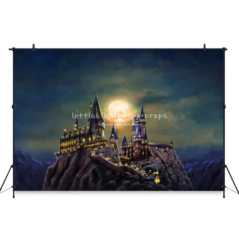 Wizard Castle Backdrops Baby Shower Kids Cake Smash Birthday Photo Prop Magic Academy Castle Big Moon Magic School Background