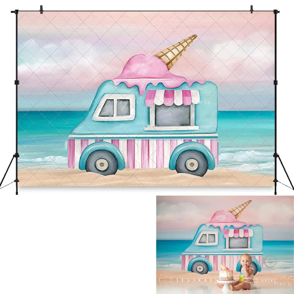 Summer Ice Cream Car Photography Backdrop Kids Baby Cake Smash Photocall Decors Child Girls Adult Birthday Studio Backgrounds