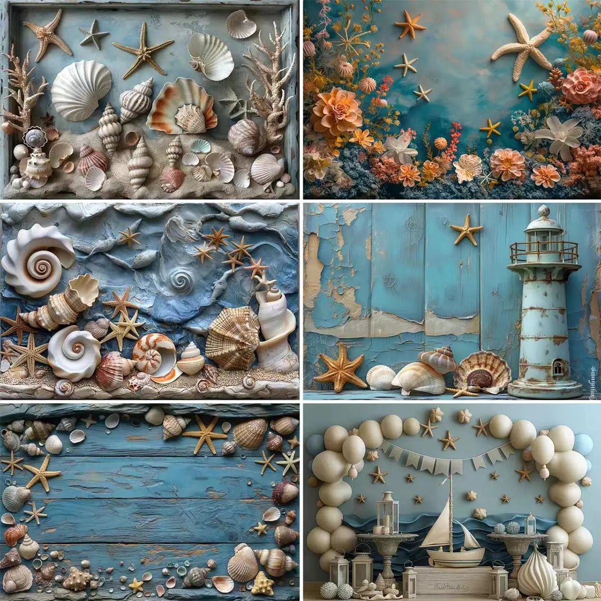 Undersea Photograaphy Backdrop Kids Baby Cake Smash Photocall Decors Sailboat and Shell Child Adult Photo Studio Backgrounds