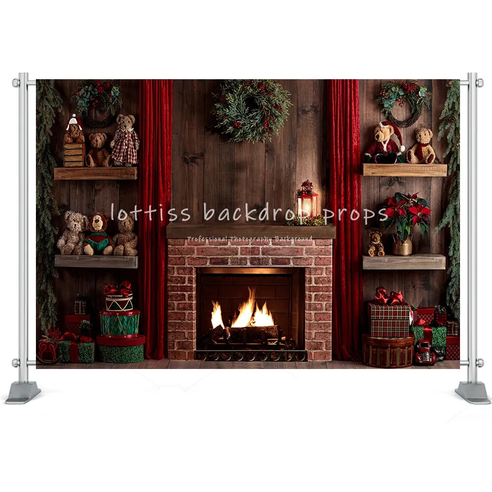 Christmas Room Backdrop Photography Fireplace Windows Toys Wreath Winter Family Party Kids Birthday Background Photo Studio