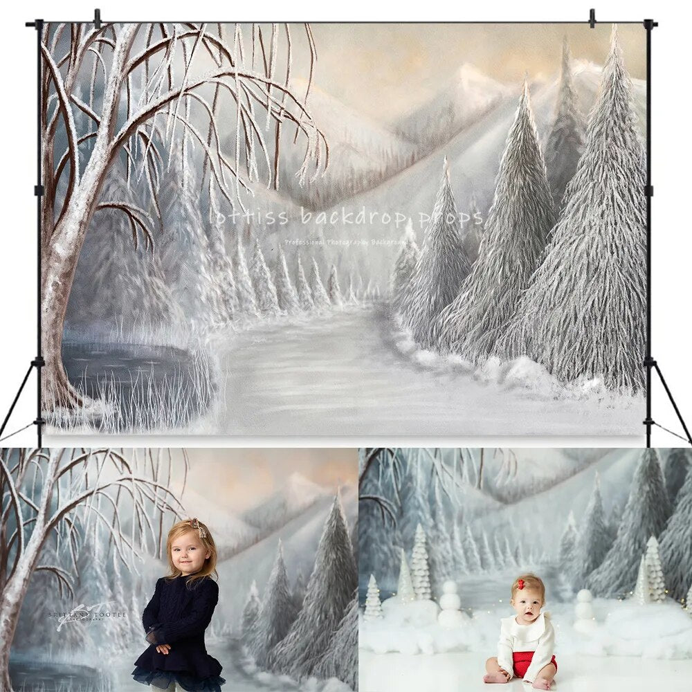 Arrière-plan d'arbres de noël enneigés d'hiver, pour séance photo d'enfants, Portrait de bébé, photographie de vacances de noël, arrière-plan de neige saupoudré 