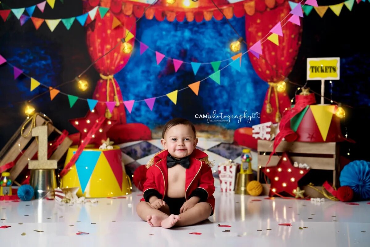 Arrière-plan de cirque Ringmaster pour enfants, accessoires de gâteau Smash, bannière d'anniversaire pour bébé, décor de fête pour bébé, arrière-plan de studio photo pour enfants 