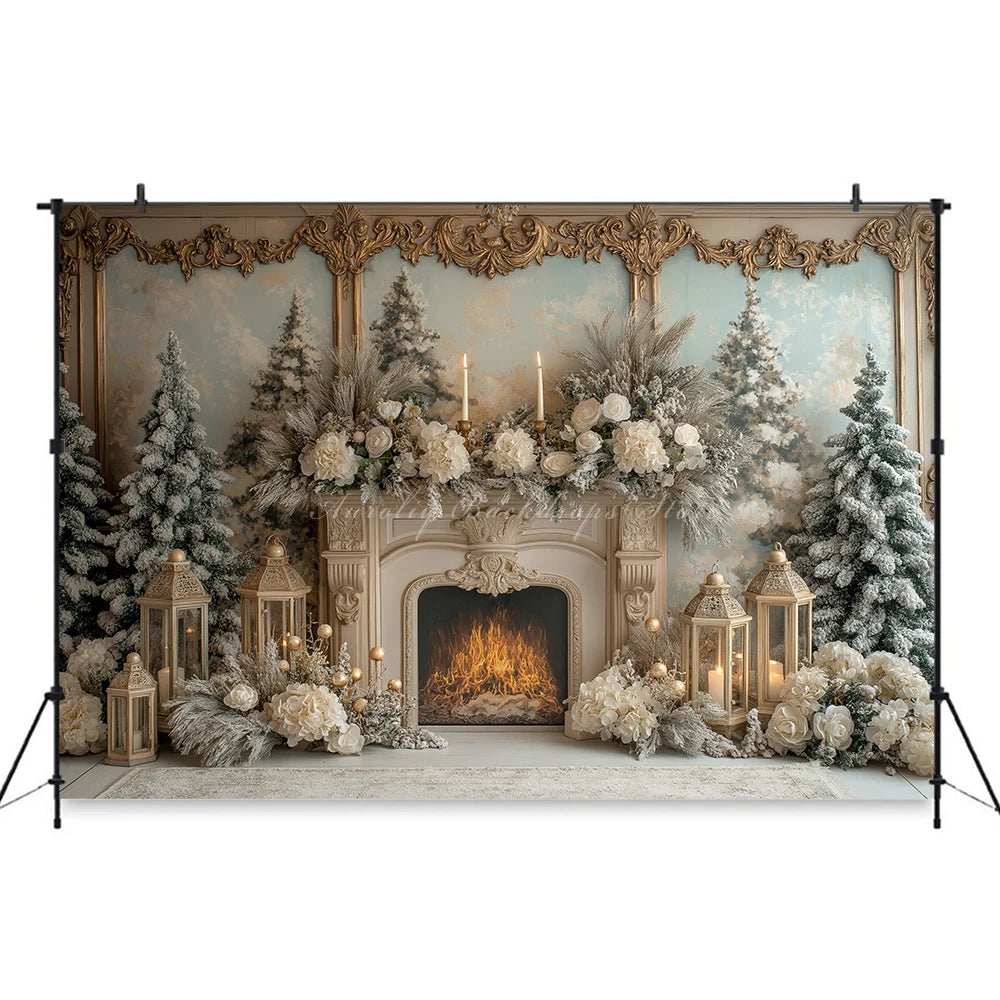 Christmas Backdrop with Fireplace and Xmas Trees Child Baby Birthday Cake Smash Photography Decor Girls Adult Studio Backgrounds