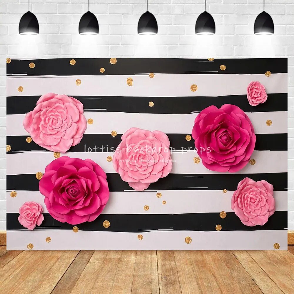 Rose Floral Wall Backdrops Kids Cake Smash Props Children Baby Portrait Photocall Black White Wall Garden Background