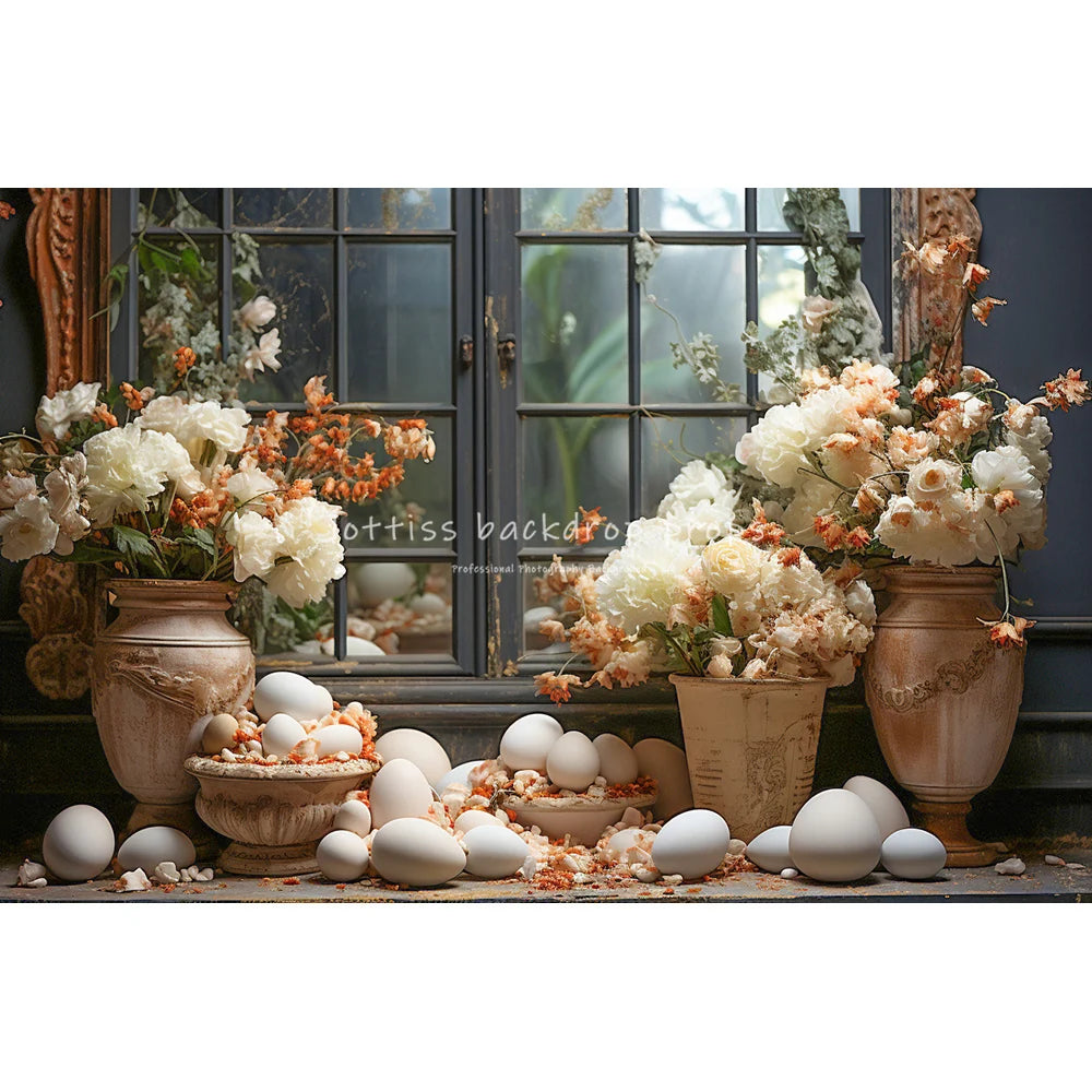 Easter Bunny With Flowers Vase Backdrops Kids Baby Photocall Child Adult Photocall Flower Windows Wooden Wall Backgrounds