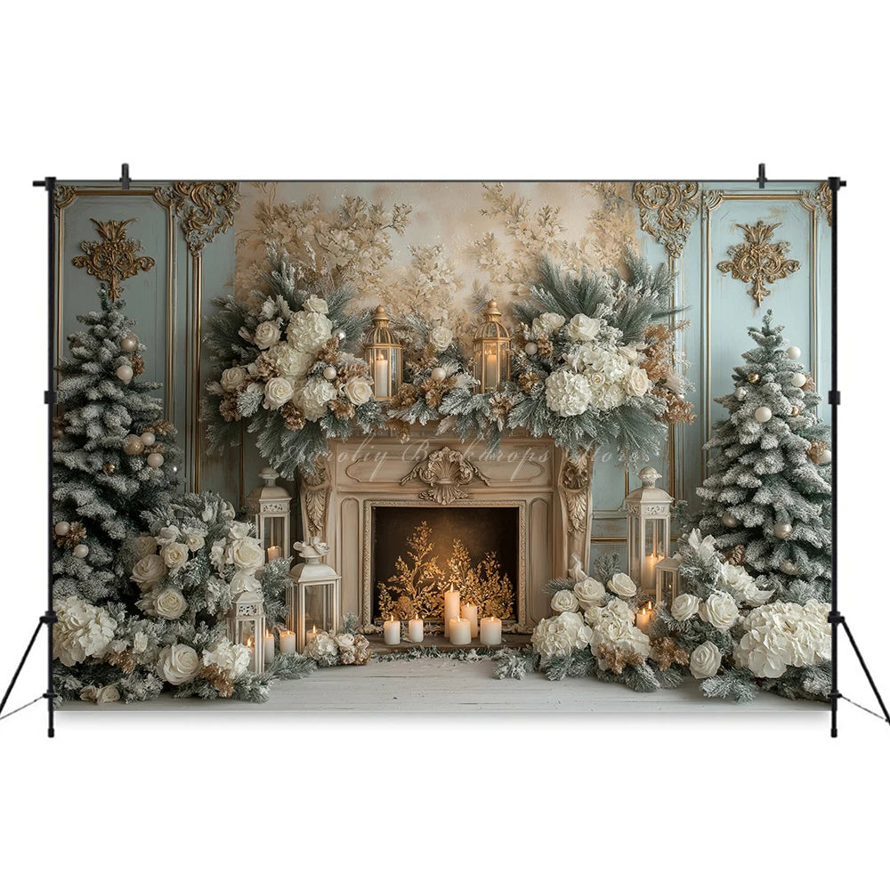 Christmas Backdrop with Fireplace and Xmas Trees Child Baby Birthday Cake Smash Photography Decor Girls Adult Studio Backgrounds