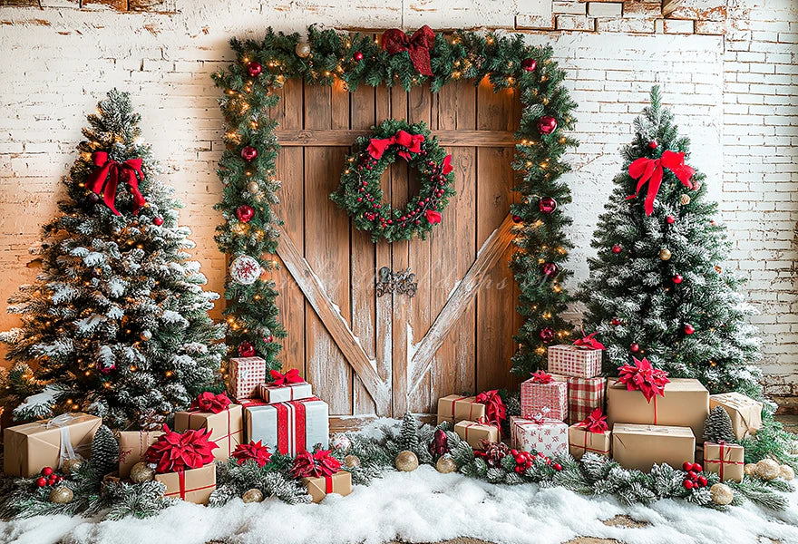 Christmas Photo Backdrop Wooden Barn Door With Fancy Trees Baby Kids Portrait Family Party Photocall Photograhy Background