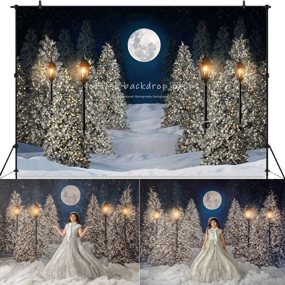 Forêt enneigée décors de noël enfants adultes photographie décors enfant bébé grande lune noël flocon de neige arbres fond 