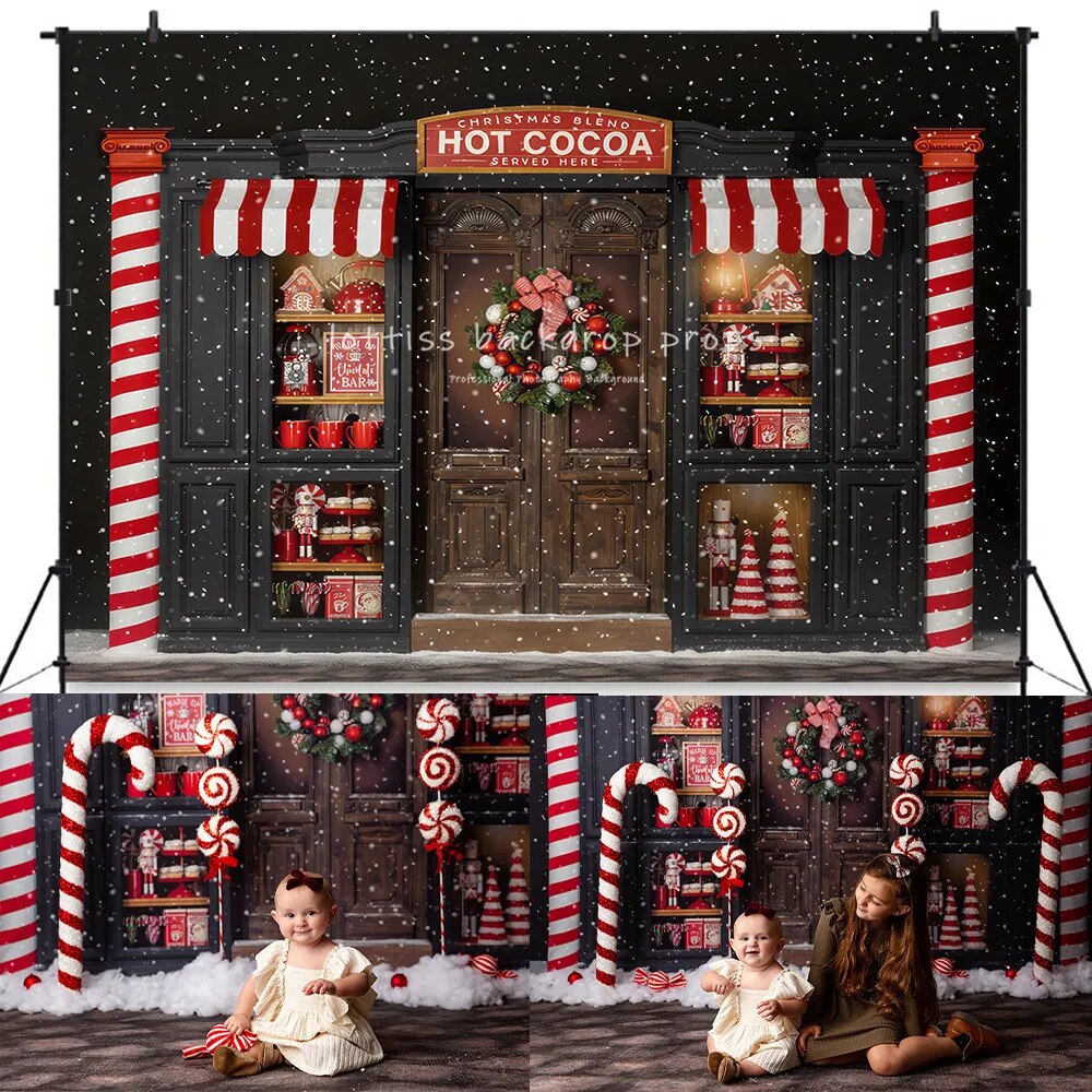 Arrière-plan de magasin de forêt de noël, photographie d'enfants et d'adultes, décor de gâteau d'anniversaire, maison d'hiver en famille, flocon de neige 