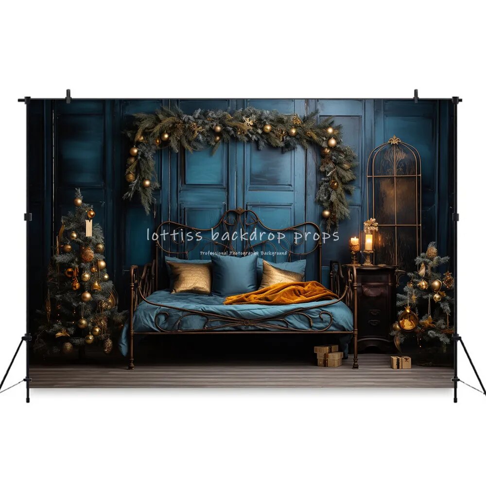 Arrière-plan de tête de lit de noël pour chambre à coucher, accessoires de photographie pour enfants et adultes, décors pour séance photo, arrière-plan d'arbres de noël dorés 