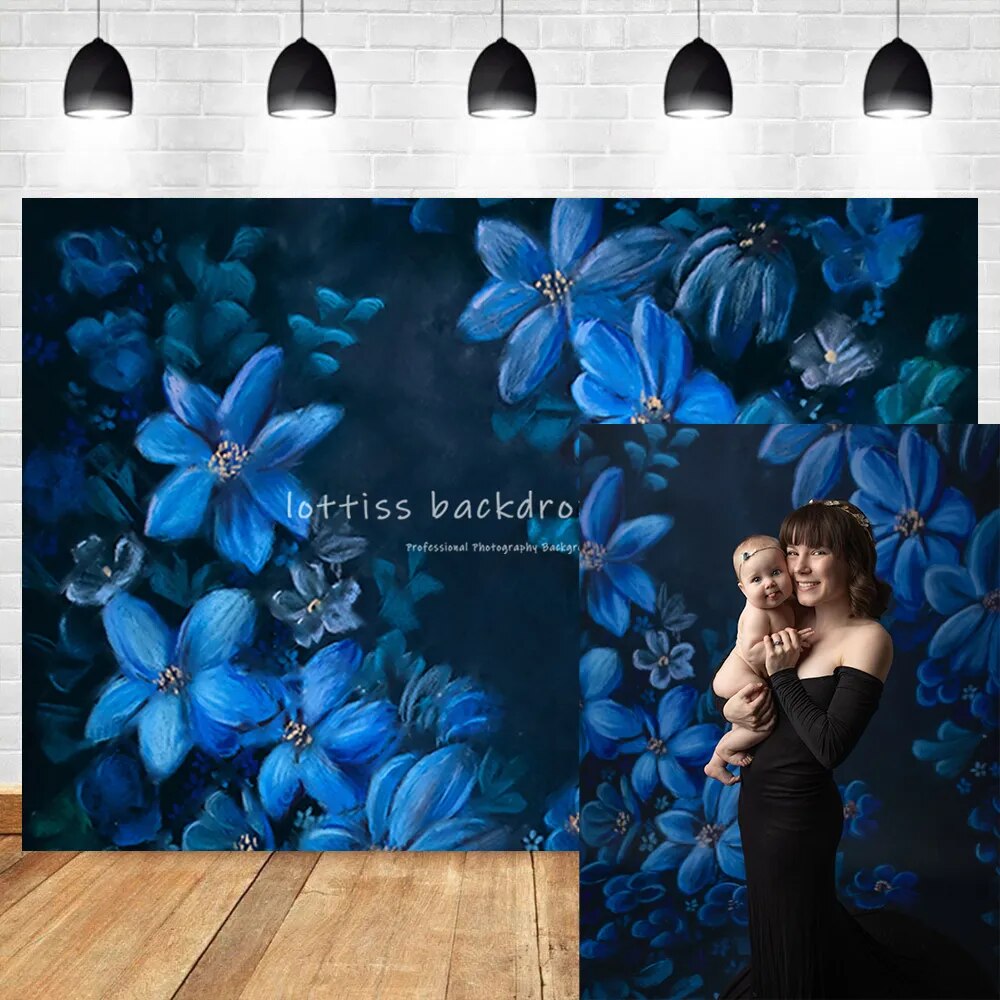 Peinture à l'huile fleurs bleues décors enceinte maternité bébé Portraits Studio nouveau-né Floral Photo Shoot arrière-plan accessoires 