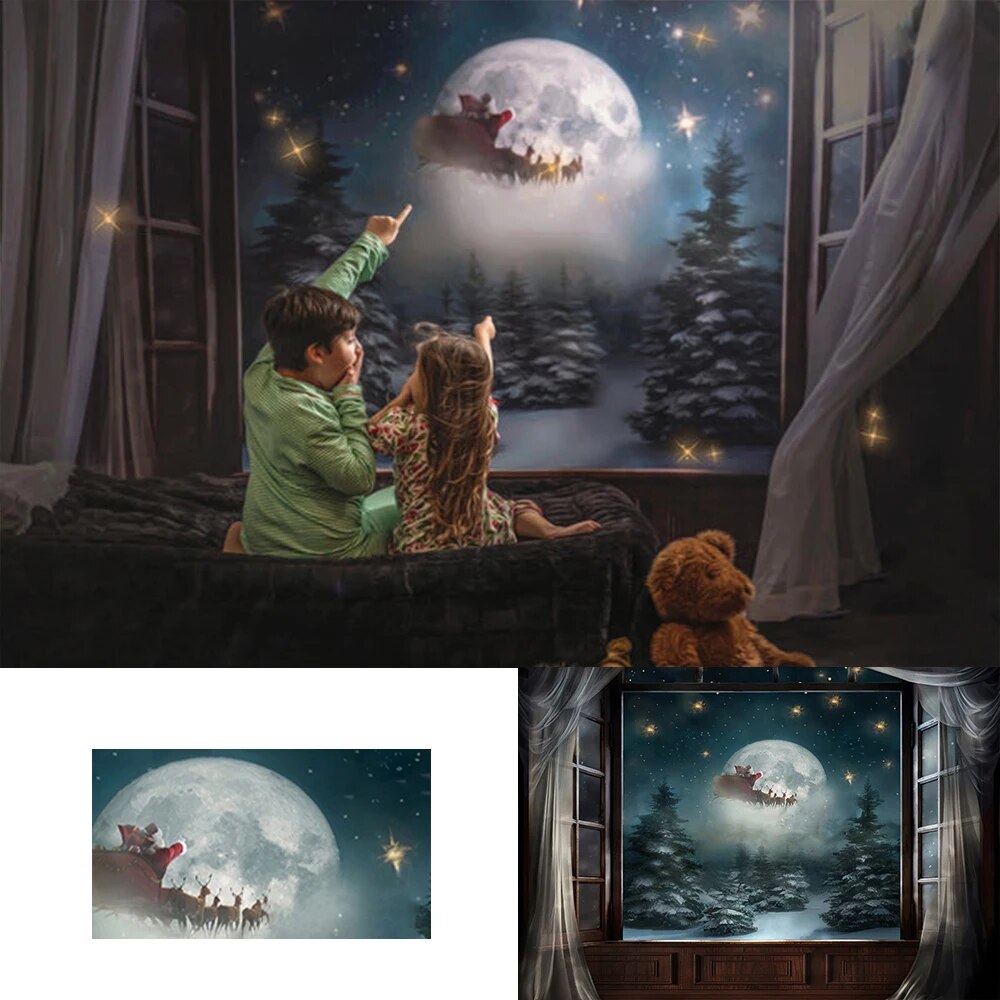 Christmas Eve Wish Santa Backdrops Kids Baby Photography Props Child Adult Photocall Decors Big Moon Xmas Windows Background