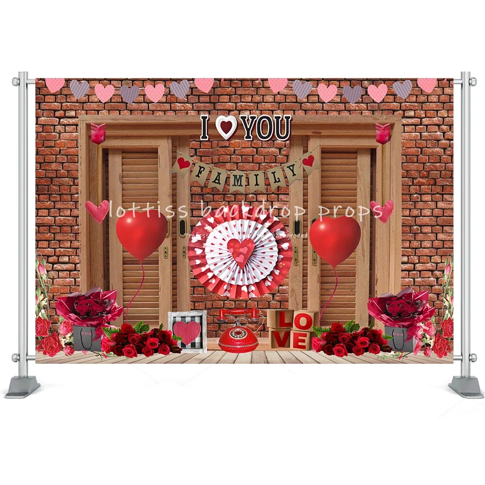 Valentine's Day Backdrop Brick Wall Wood Door Red Rose Heart Flower Shop Brick Wall Photo Background Studio Photoshoot Props