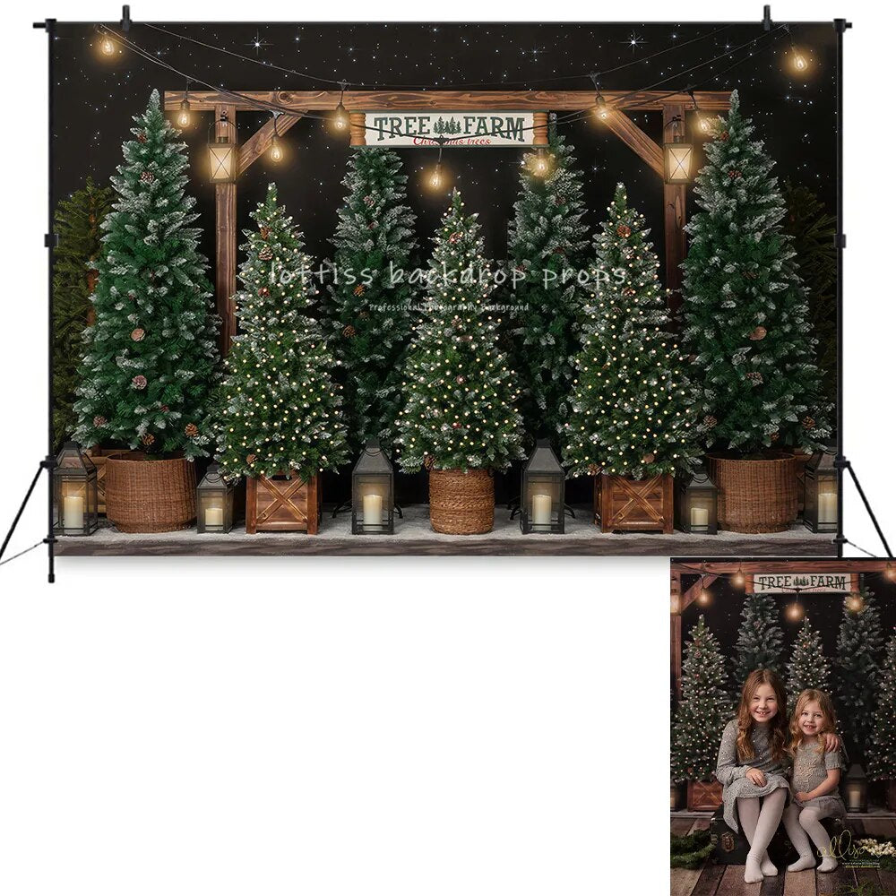 Christmas Hot Cocoa Tree Farm Backdrop Kids Baby Photography Props Child Adult Photocall Xmas Wreath Decors Store Background