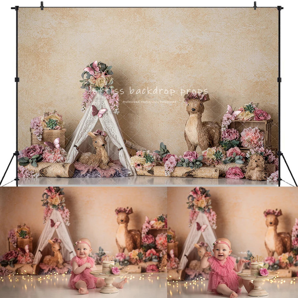 Floral Fawn Friends Backdrops Kids Baby Birthday Photography Props Child Adult Photocall Decors Backgrounds