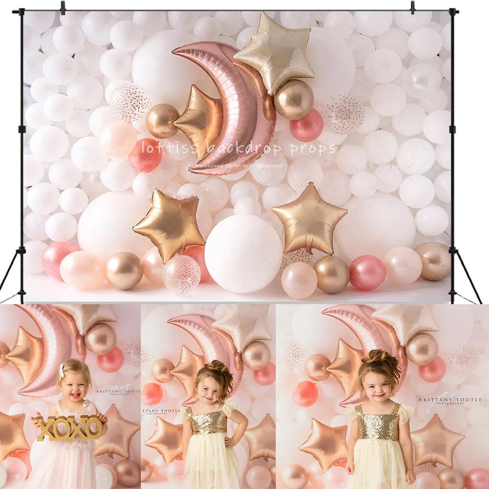 Over The Moon Balloon Wall Backdrops Girl Kids Cake Smash Birthday Photography Child Baby Photocall Pink Stars Clouds Background