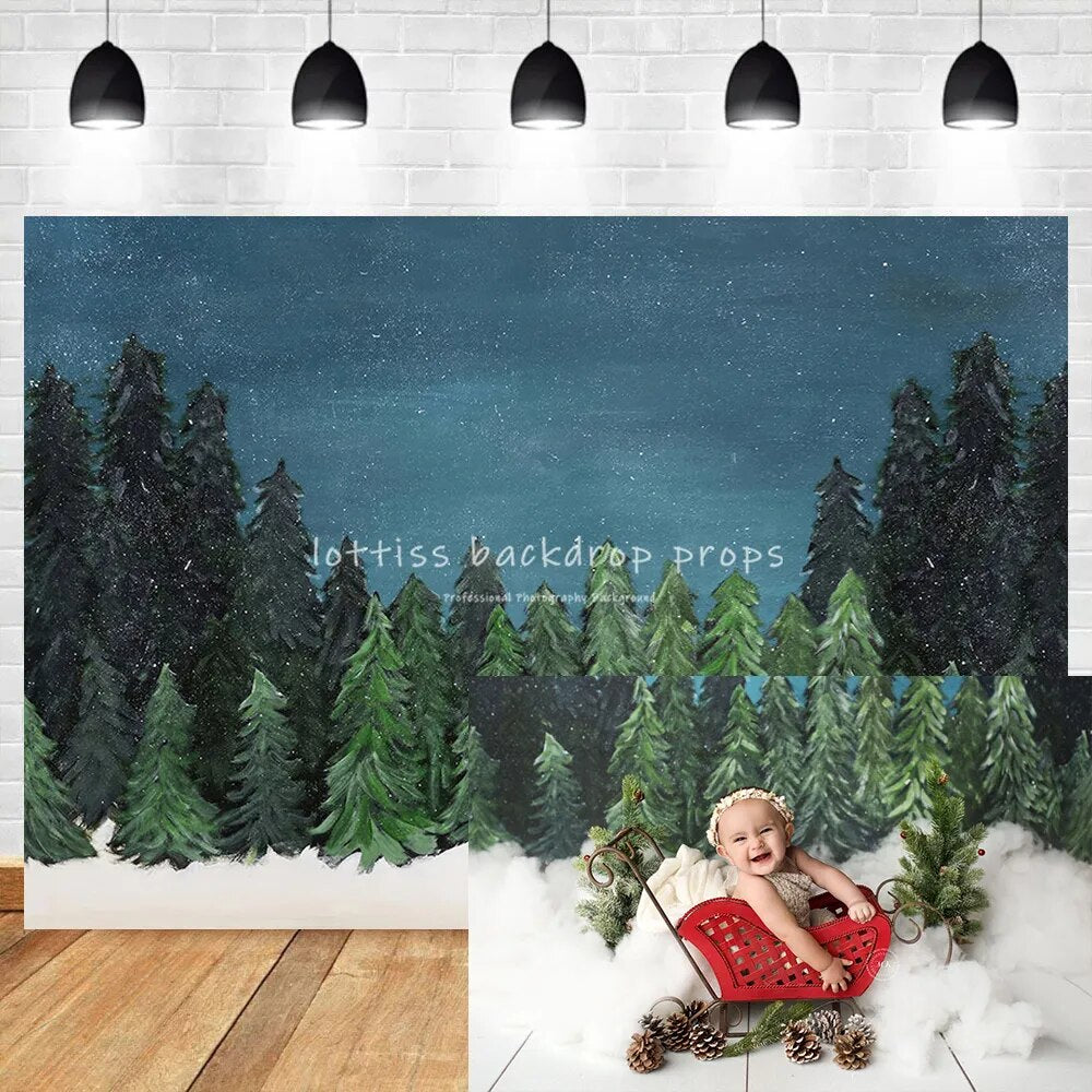 Arrière-plan d'arbres magnifiques d'hiver, gâteau pour enfants, accessoires de fête d'anniversaire, décor de forêt d'hiver, arrière-plan pour studio photo pour enfants 