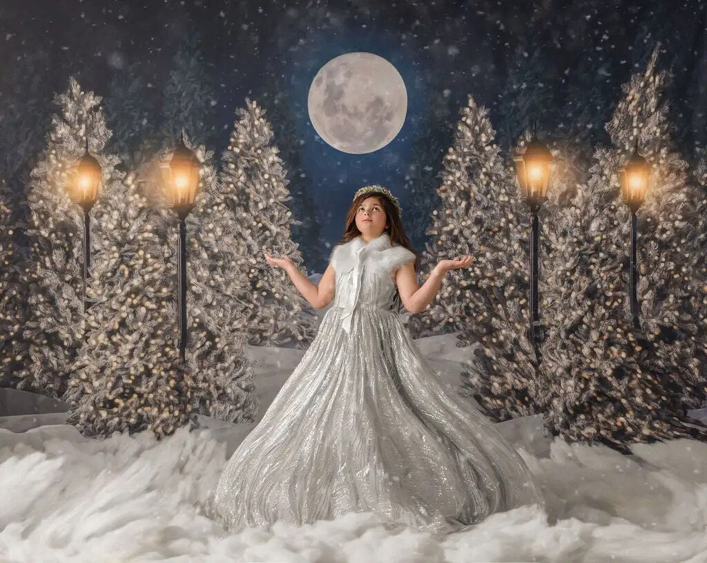 Forêt enneigée décors de noël enfants adultes photographie décors enfant bébé grande lune noël flocon de neige arbres fond 