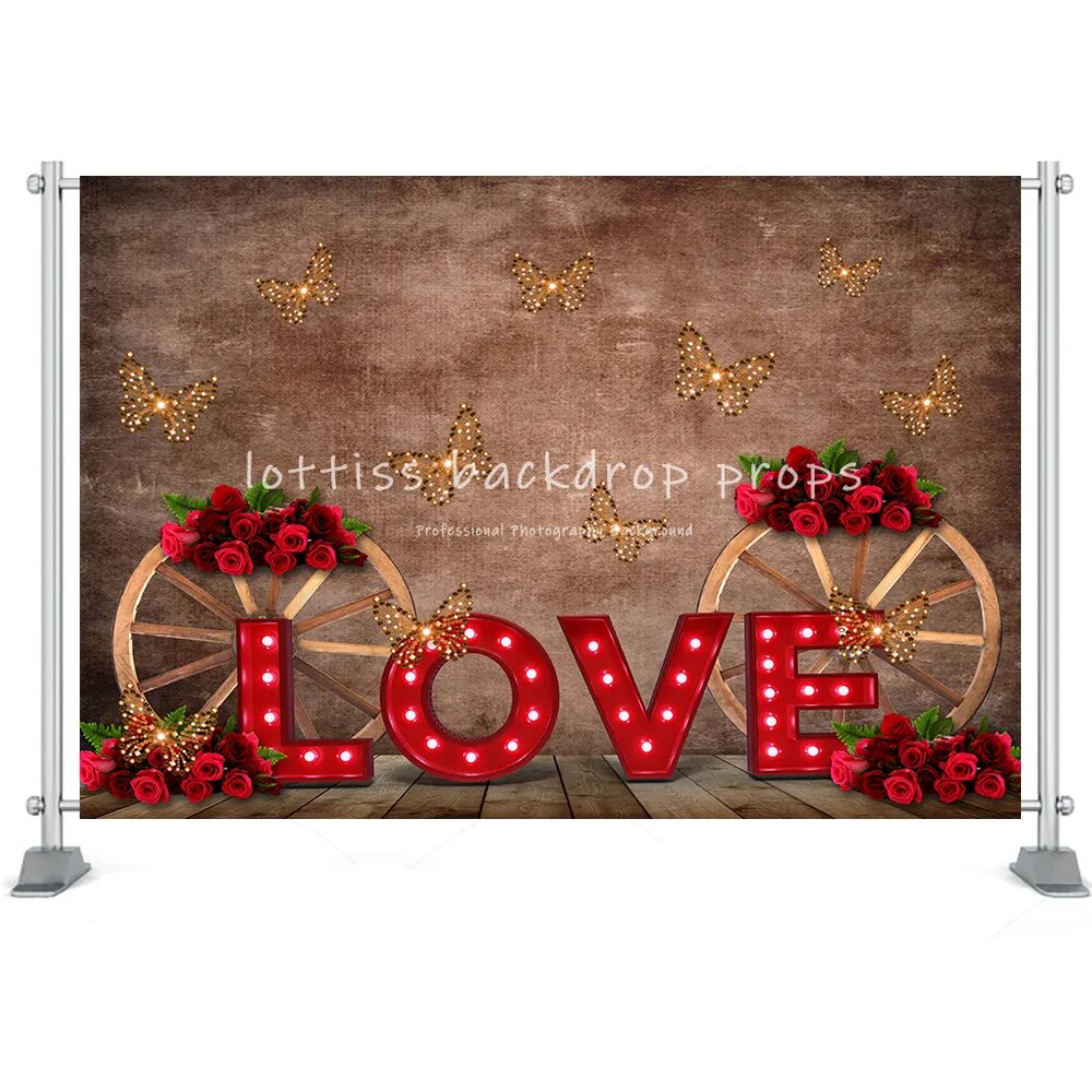 Valentine's Day Backdrop Brick Wall Wood Door Red Rose Heart Flower Shop Brick Wall Photo Background Studio Photoshoot Props