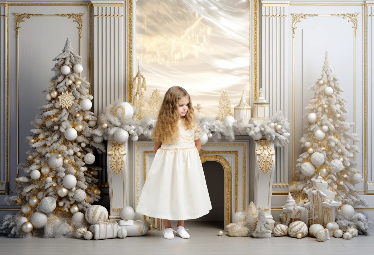 Noël argent cheminée décors enfants adultes photographie accessoires enfant bébé Photocall couronne arbres de noël salon fond 