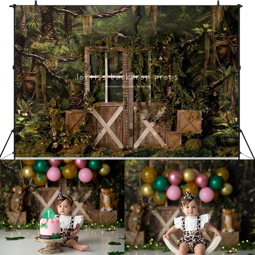 Arrière-plan de forêt tropicale pour photographie d'enfants, accessoires de gâteau d'anniversaire pour séance photo, thème sauvage, porte en bois