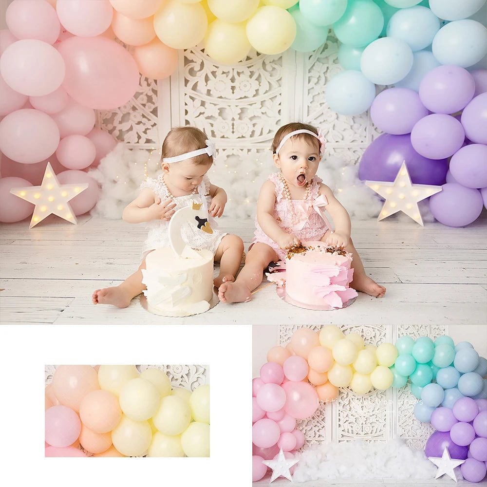 Star Crossed Rainbow Backdrops Kids Baby Cake Smash Birthday Backdrops Child Photocall Balloons Photocall Backgrounds