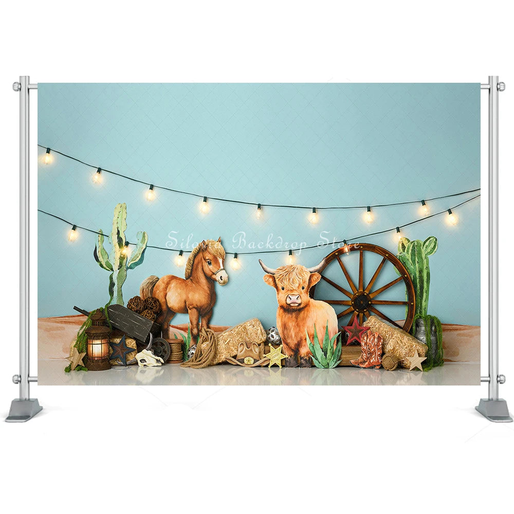 Cute Cowboy Photo Background Farm Children Birthday Cake Smash Photography Backdrop Horse Cactus Decoration Photo Studio Props