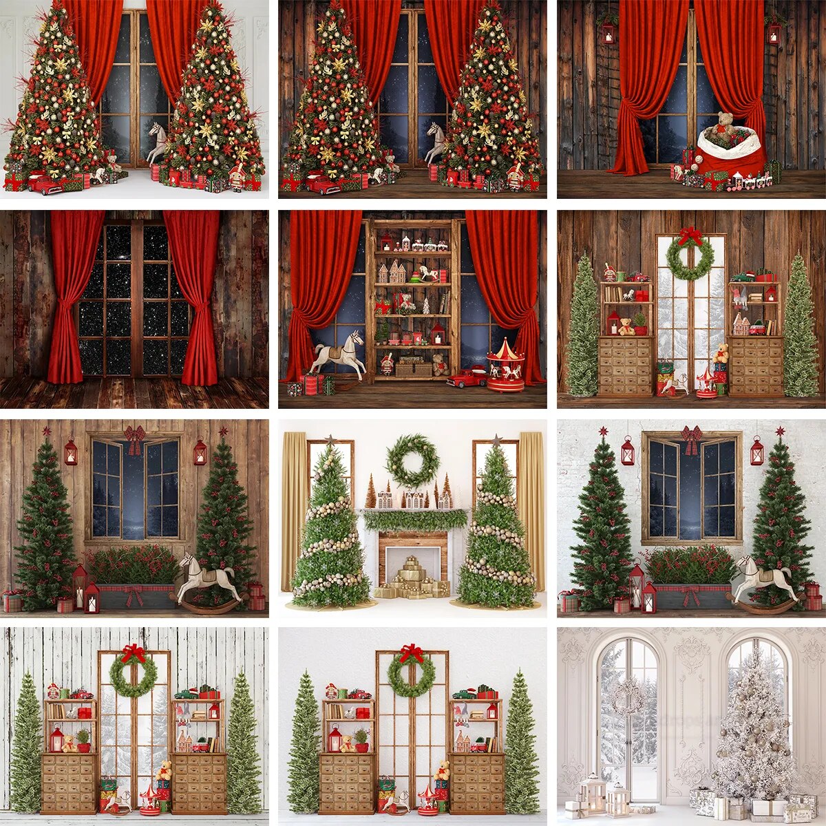 Christmas Room Backdrop Photography Santa Fireplace Toy Window Wreath Winter Wooden Floor Kids Portrait Background Photo Studio