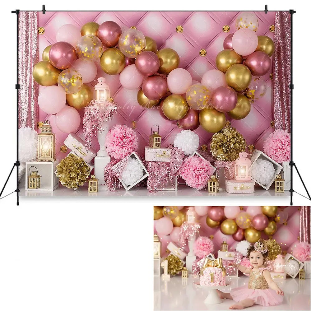 Pretty In Pink Backdrop Kids Baby Cake Smash Photography Props Balloon Floral Child Girls Adult Birthday Studio Backgrounds