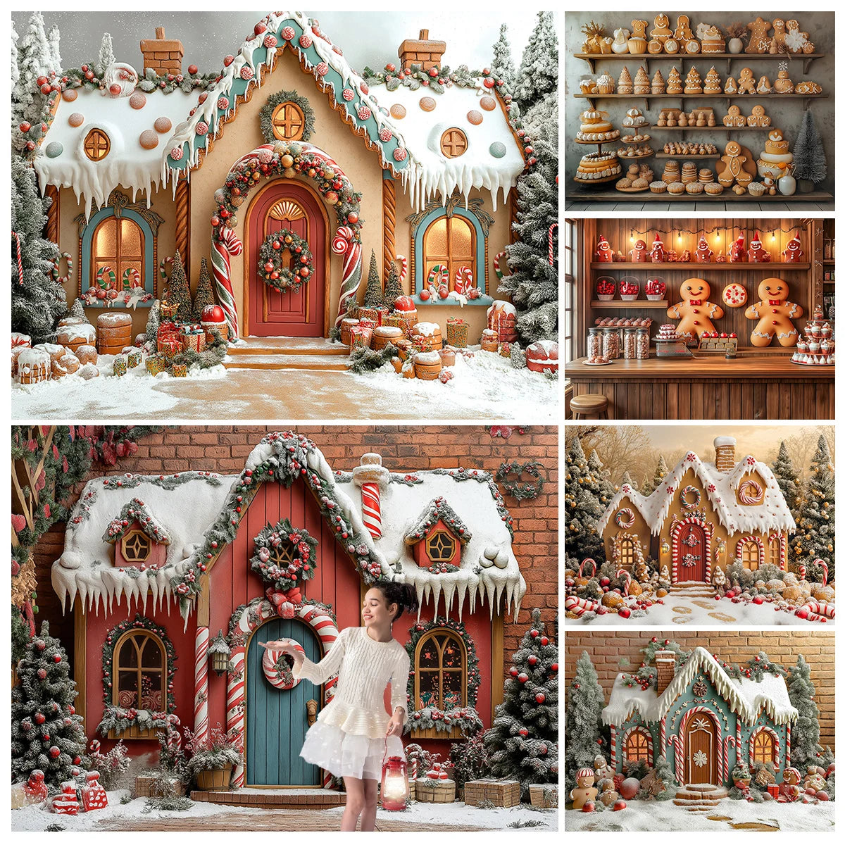 Winter Snowy Cottage Backdrops Kids Adult Photography Child Baby Photocall Snowflake Xmas House Gingerbread Store Backgrounds